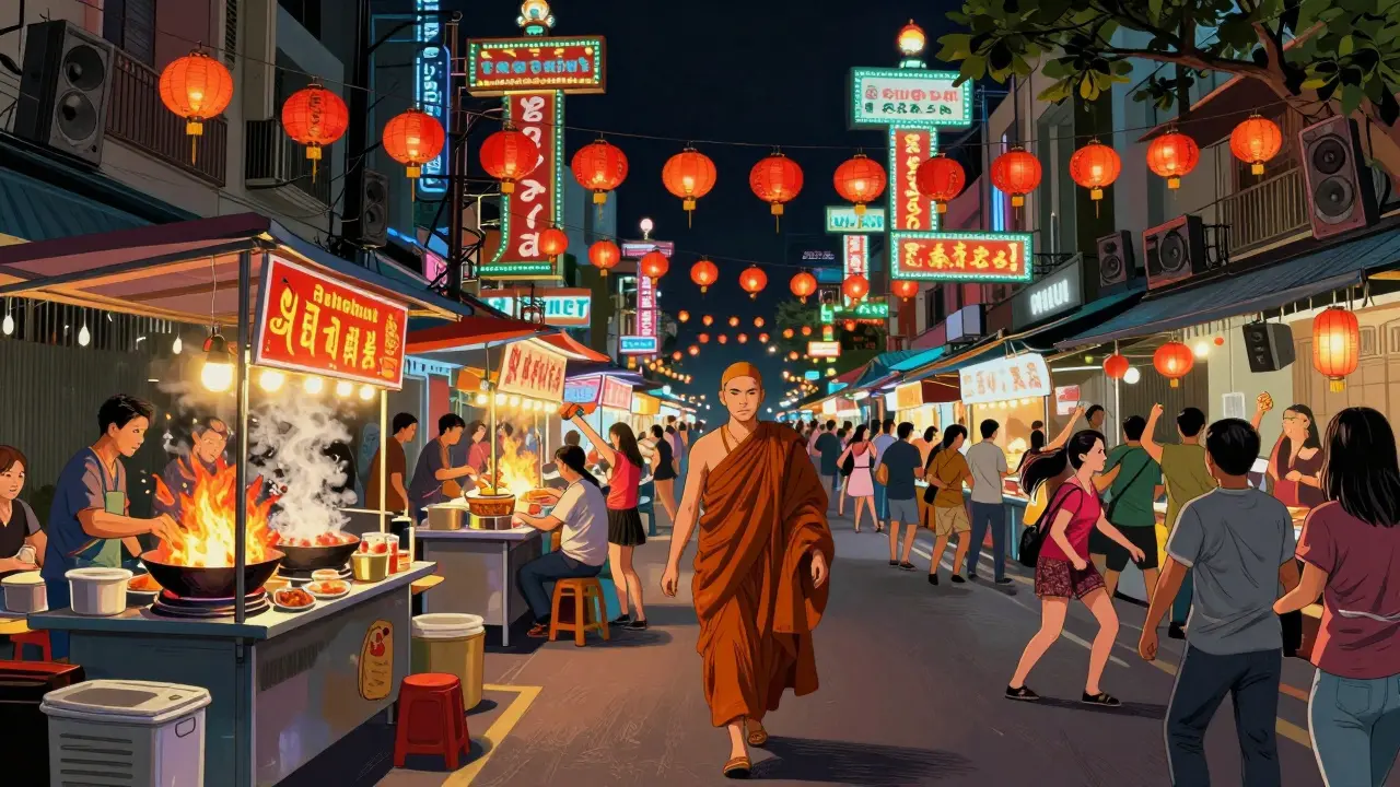 Ночная улица Чайнатауна с уличными лотками, танцующими туристами и монахом в оранжевой робе под огнями фонарей.