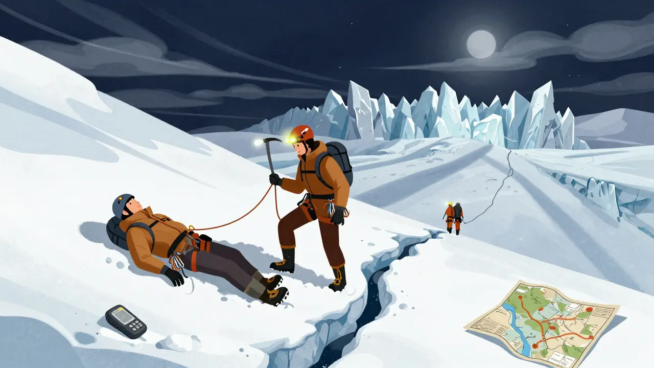 Один альпинист пересекает трещину на северном склоне Эльбруса, другой лежит в снегу, команда спасателей приближается.