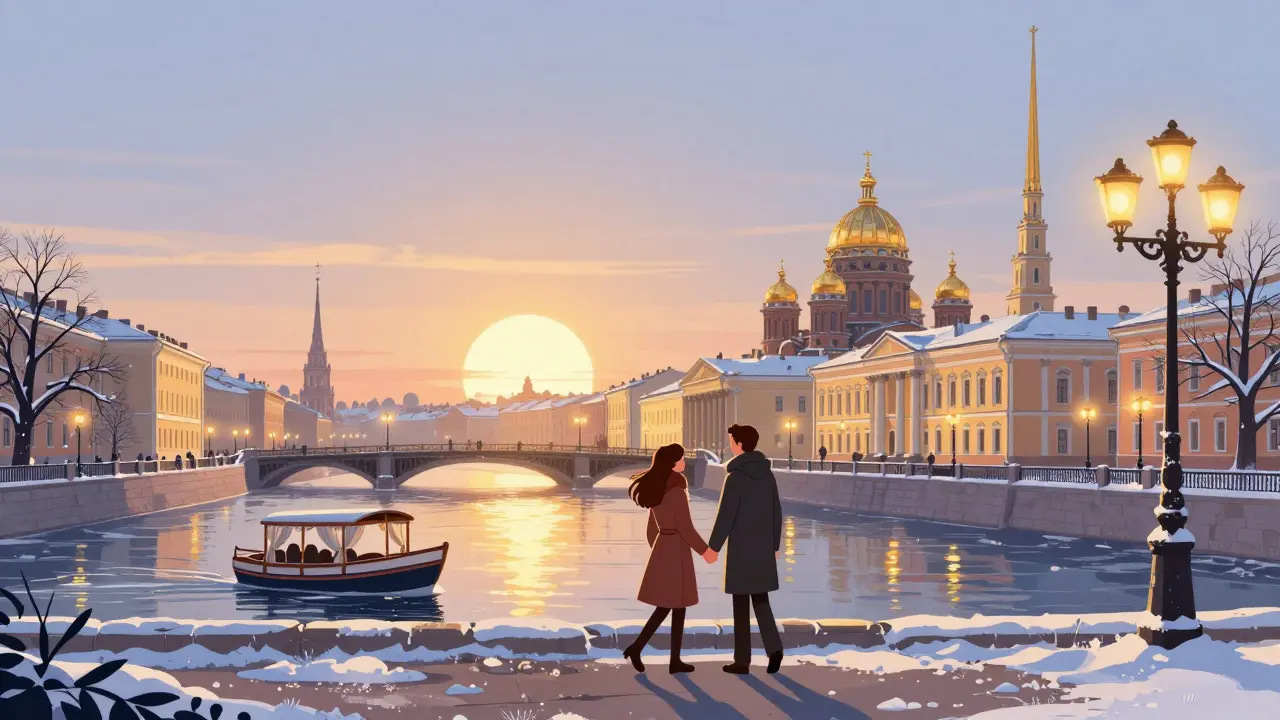 Пара гуляет по набережной Санкт-Петербурга в Белые ночи, солнце не заходит, золотой свет отражается в реке.