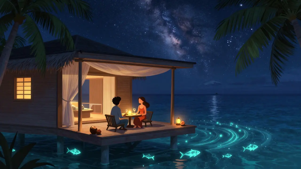 Пара на водной вилле на Мальдивах ночью, звёзды над океаном, рыбы светятся под балконом.