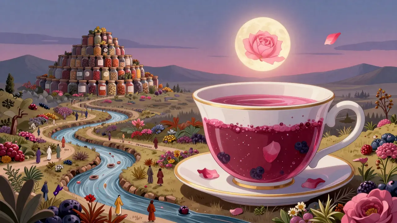 Пейзаж в форме чайной чашки с реками из ягод, горами из специй и луной в виде лепестка розы — символ гармонии традиций и заботы о здоровье.