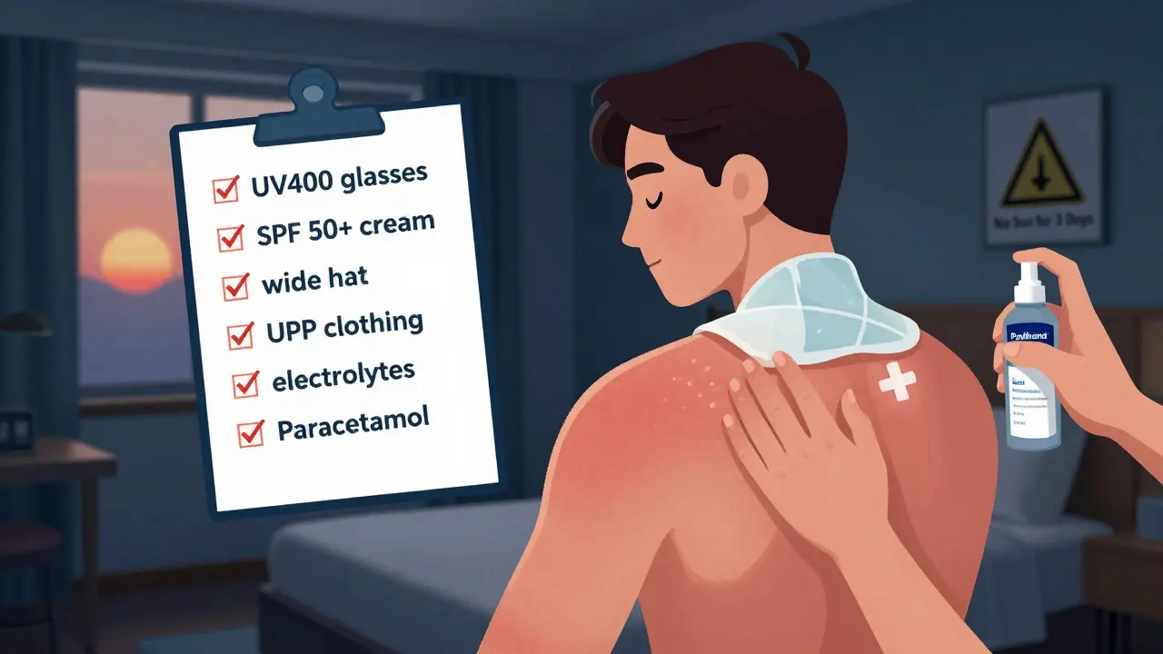 Первая помощь при ожоге: нанесение пантенола в прохладной комнате, рядом — список обязательных предметов.