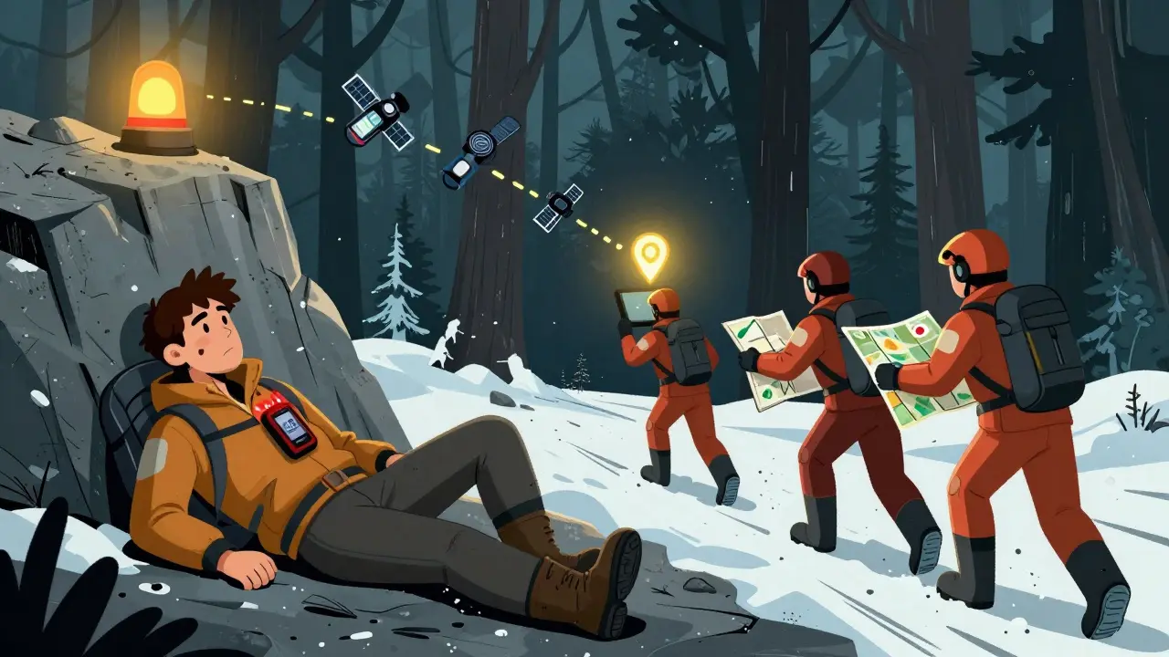 Поврежденный хайкер с устройством SOS и спасатели, идущие по карте к его точному местоположению в лесу.