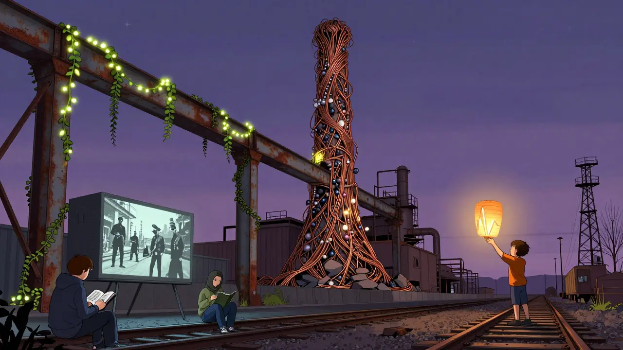 Промышленный завод в Рурской области, превращённый в скульптуру из волос и проволоки, посетители сидят на рельсах.