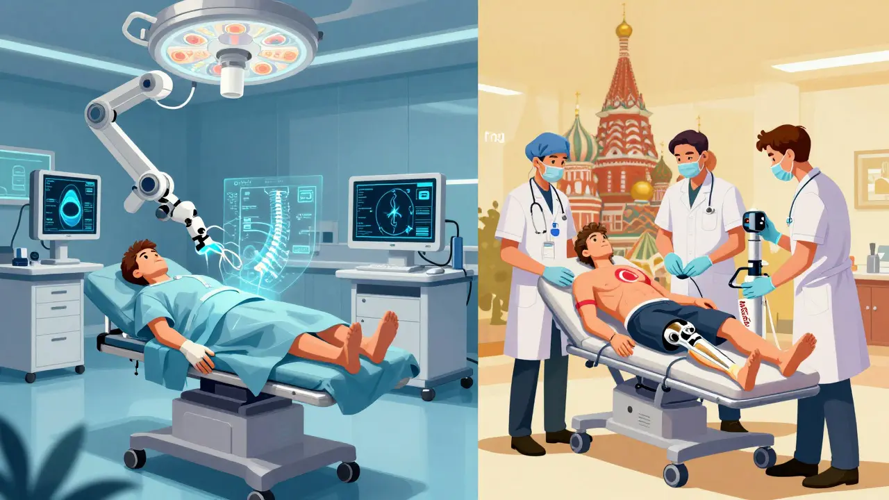 Российский пациент получает операцию на позвоночнике в Москве, а пациент из России — в Сеуле с использованием роботов и нейронавигации.