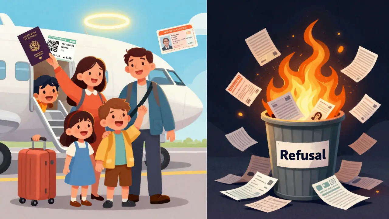 Семья с правильно оформленными документами улетает, а рядом горят фальшивые бумаги.