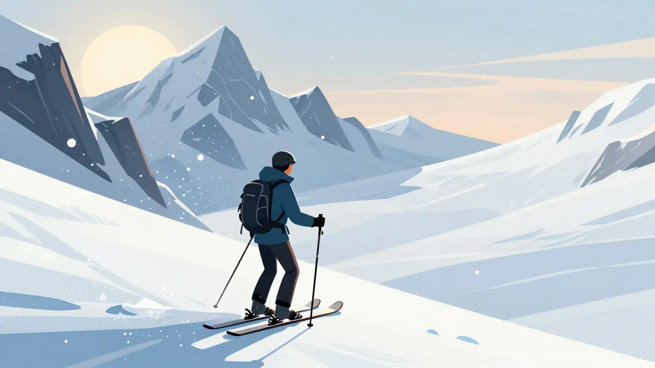 Ски-турист поднимается по леднику к острым вершинам Ушбу, окружённый безлюдным снежным пейзажем.