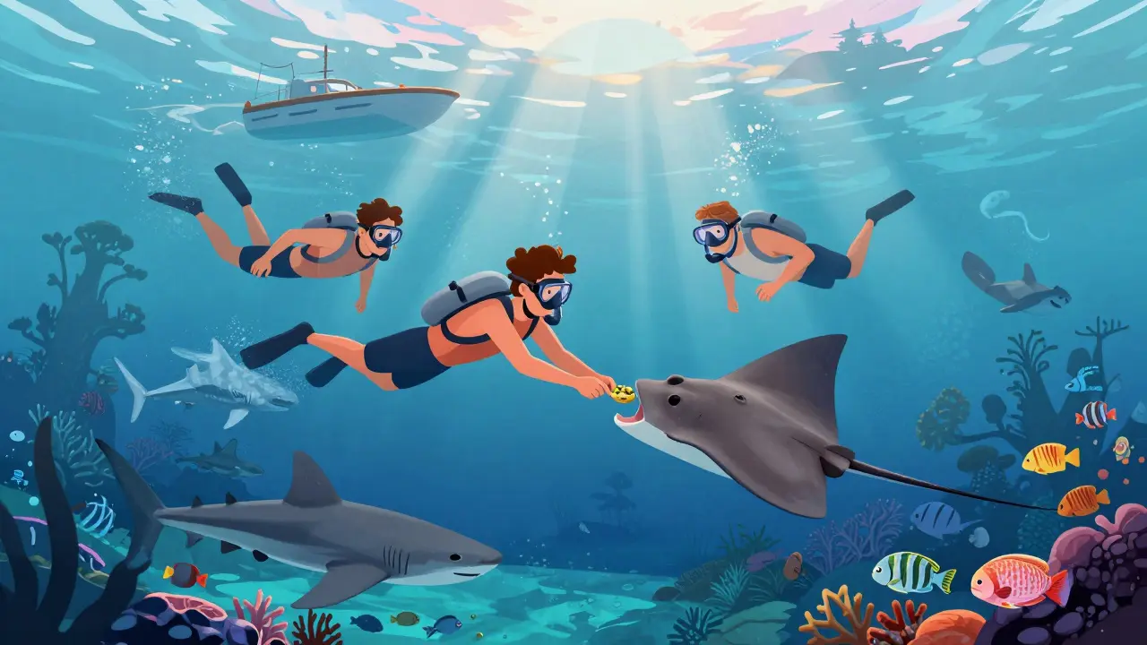 Сноркелеры плавают над подводным садом, где скаты плавно приближаются к рукам, а солнечные лучи играют в воде.