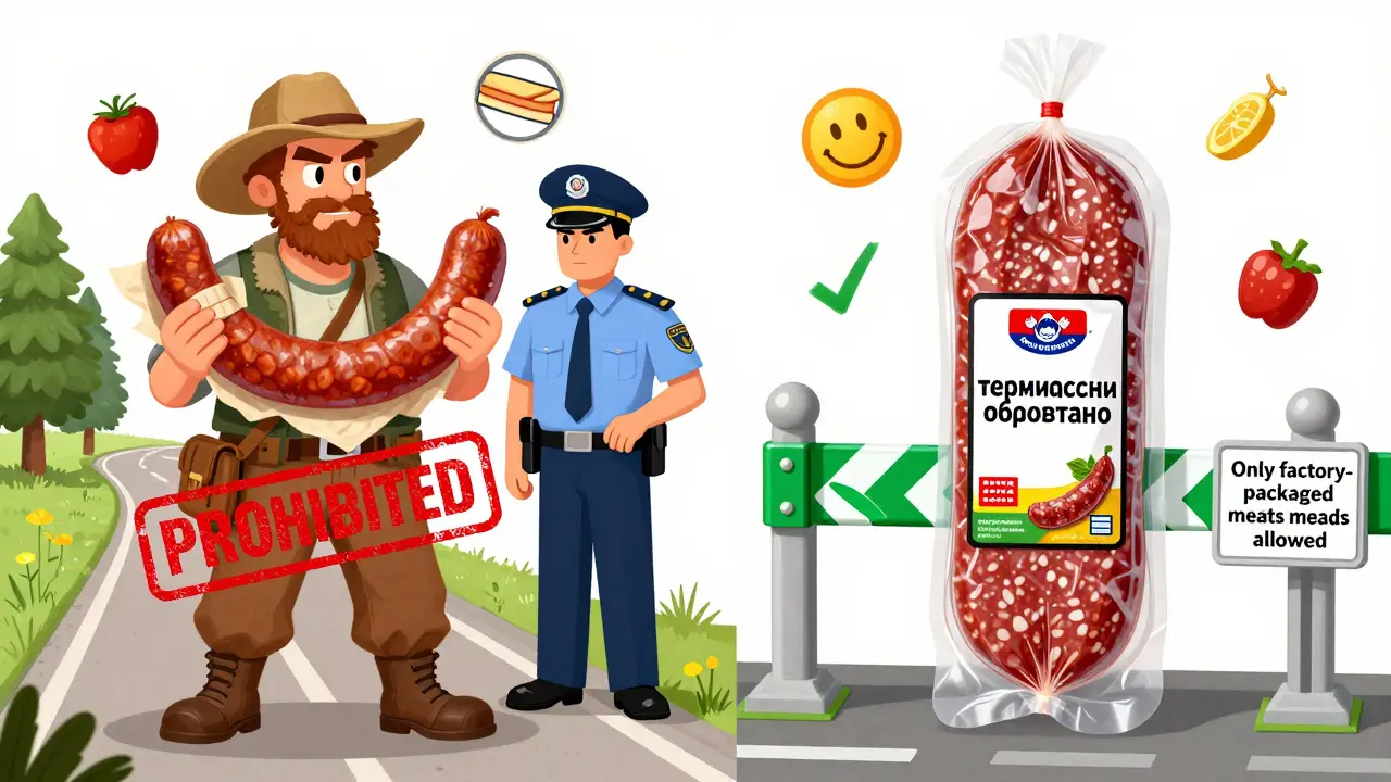 Сравнение: домашняя колбаса с запретом и заводская упаковка с разрешением.