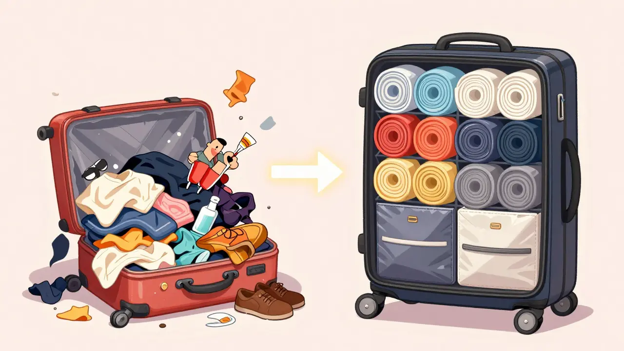 Сравнение хаотичной упаковки и идеальной организации вещей в ручной клади с акцентом на скручивание и компрессию.