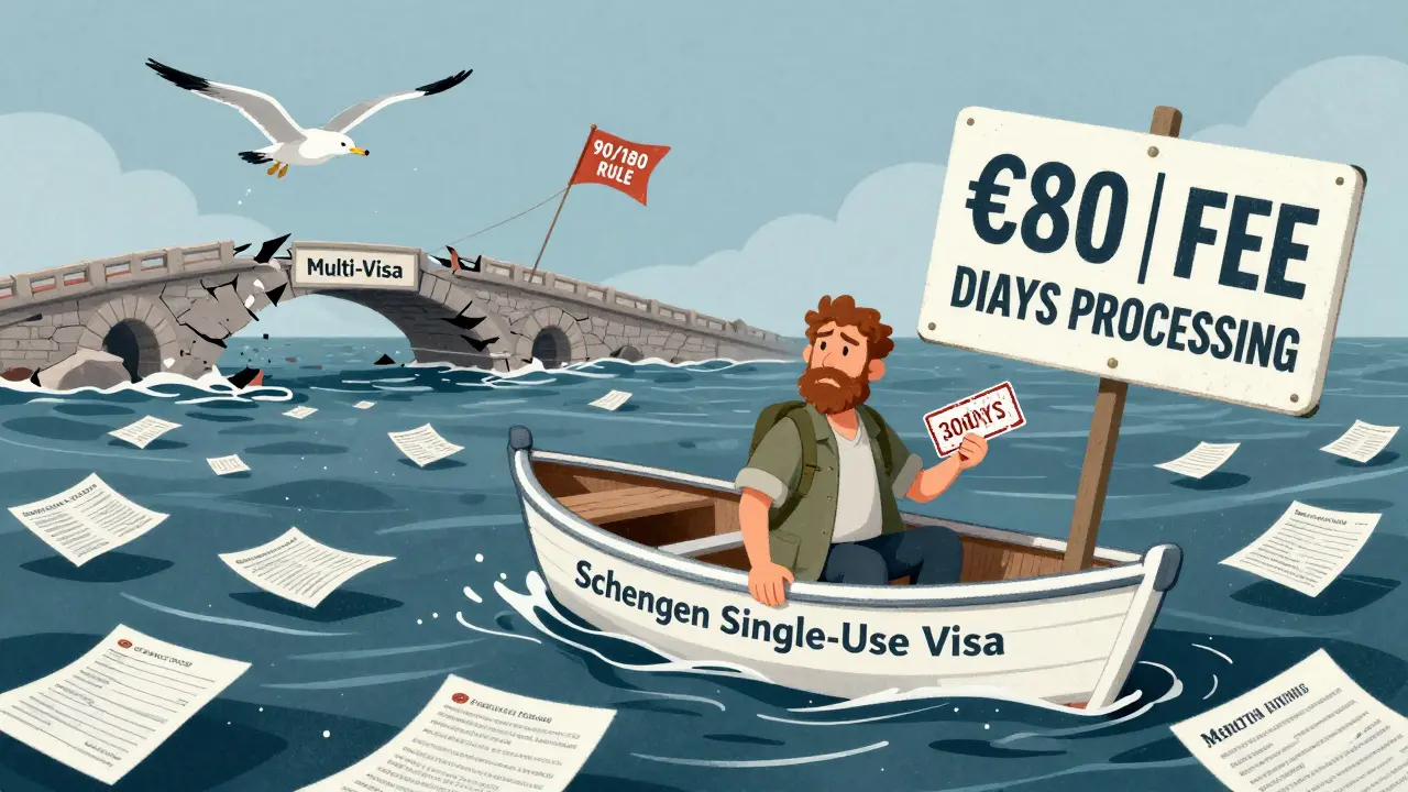 Турист в лодке с однократной визой плывёт среди документов, надпись '€80 и 30 дней ожидания', мост 'Мультивиза' разрушен.