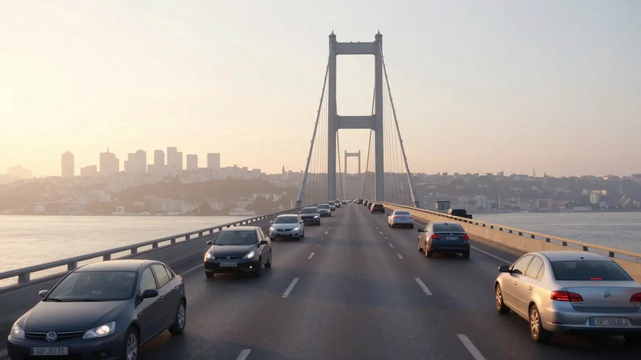 Утренний поток машин на третьем мосту Стамбула