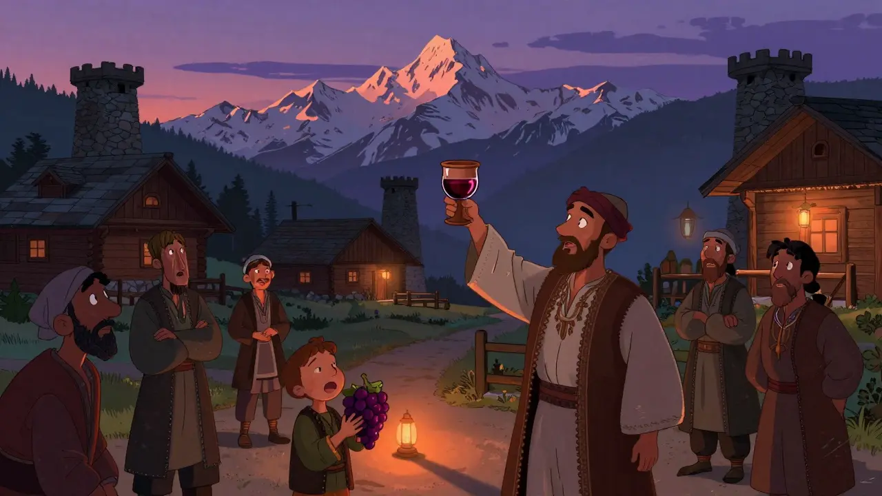 В деревне Сванетии тамада поднимает бокал вина на закате, за ним — горные башни и снежные вершины.