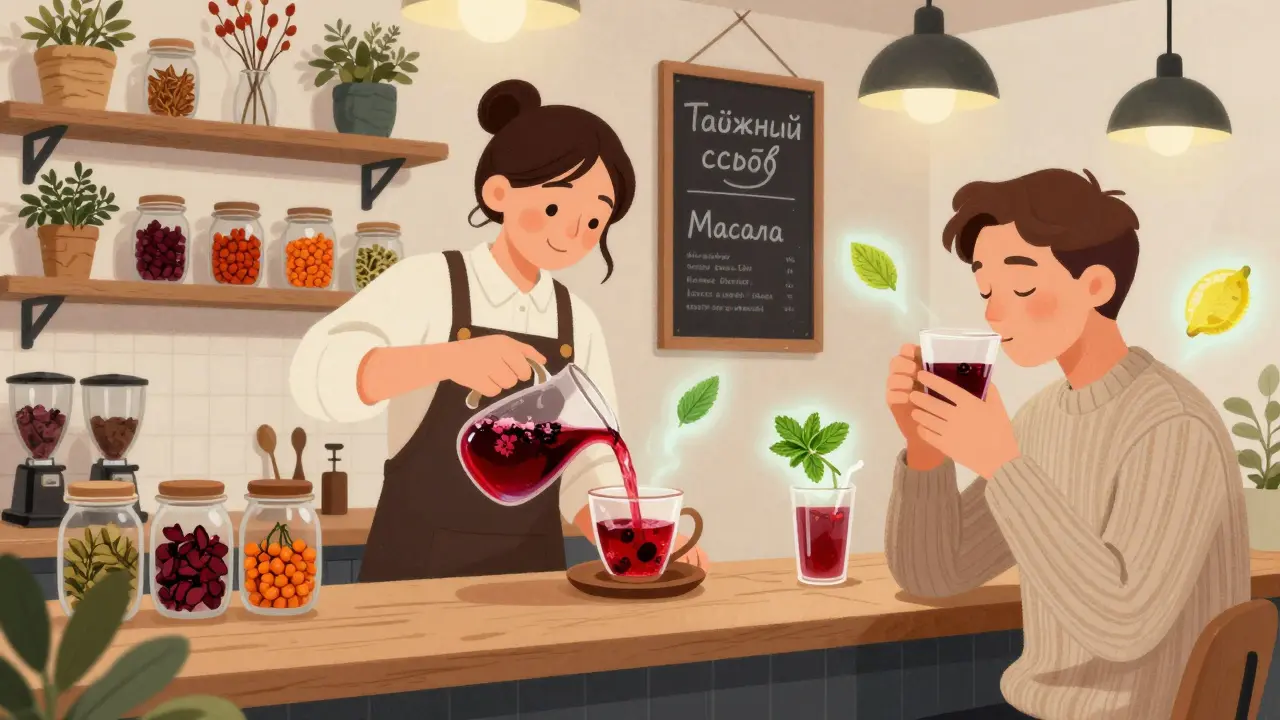 В кафе мужчина пьёт ягодный напиток, вокруг него парят листья мяты, имбиря и мелиссы, символизируя успокаивающий эффект.