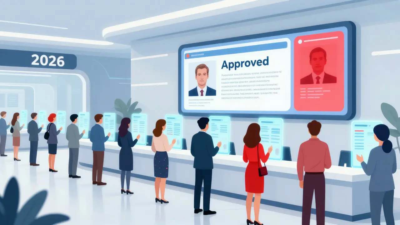 Визовый центр 2026 года: данные путешественников проверяются в реальном времени, статус отображается над головами.