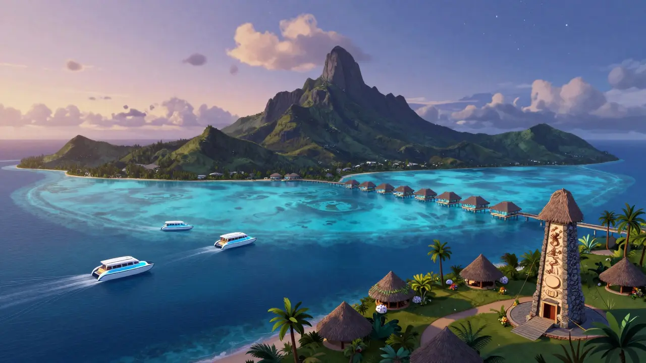 Воздушный вид Бора-Бора на закате: вулкан, экологичные виллы и древние каменные сооружения в тишине вечера.