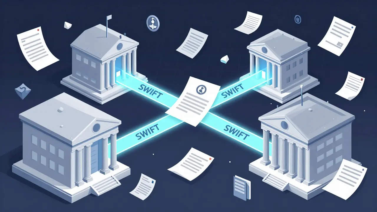 Банковские документы и цифровые связи между зданиями банков для SWIFT