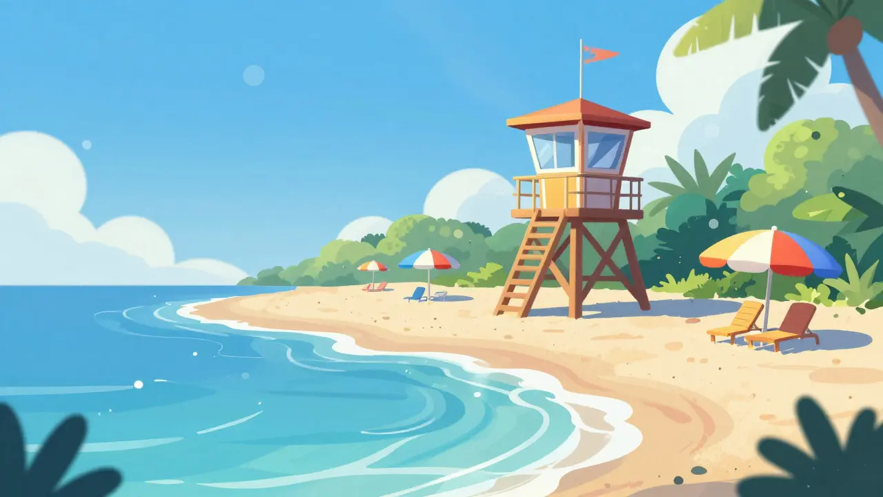 Безопасная пляжная зона с чистым морем и вышкой спасателя