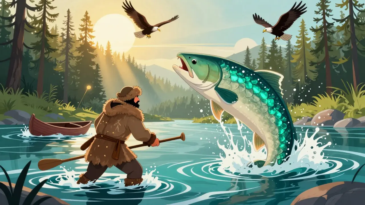 Борьба рыбака с гигантским тайменем в реке Лена, вокруг — тайга и солнечные лучи.