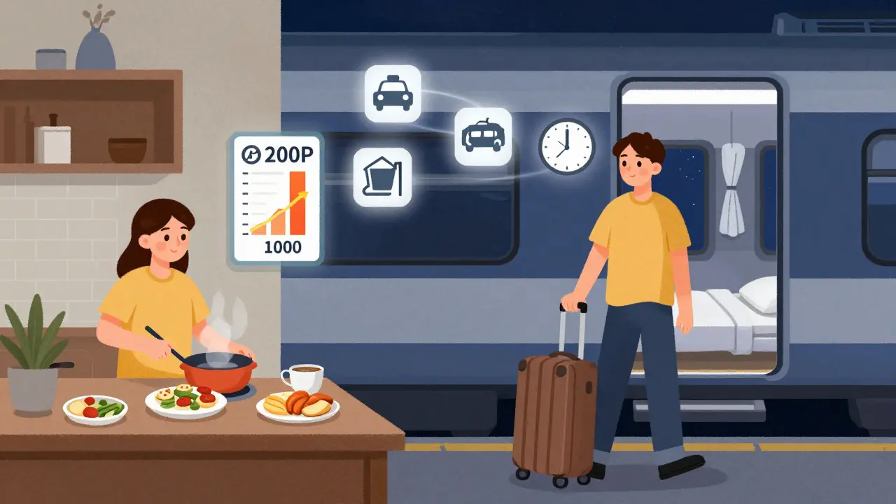 Человек готовит дома, а рядом — ночной поезд, символизирующий экономию на отеле.