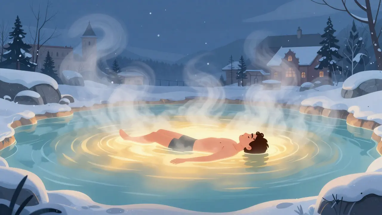 Человек плавает в теплом термальном озере под снегом, пар поднимается в холодный воздух, звезды светят сверху.