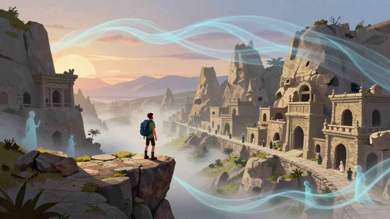 Чуфут-Кале на скале с древними домами и призрачными силуэтами жителей в тумане.