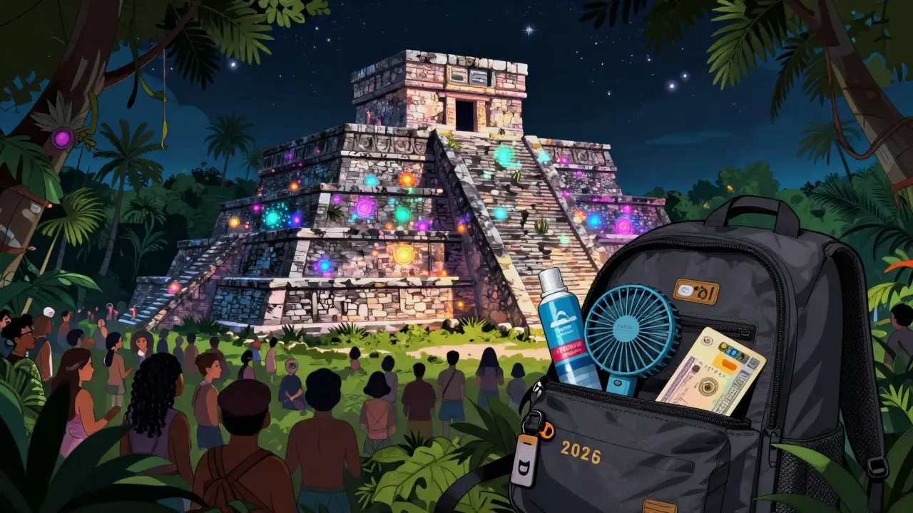 Древние руины в Тулуме с электронной световой инсталляцией, турист с рюкзаком, в котором видны вентилятор и долларовая карта, в тихой джунглевой атмосфере.