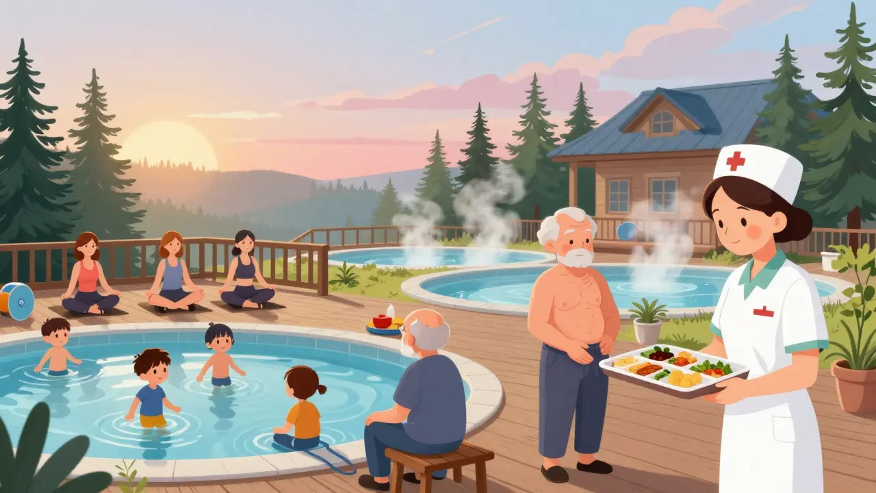 Ежедневная жизнь в санатории: дети, взрослые и медицинский персонал в гармонии с природой.