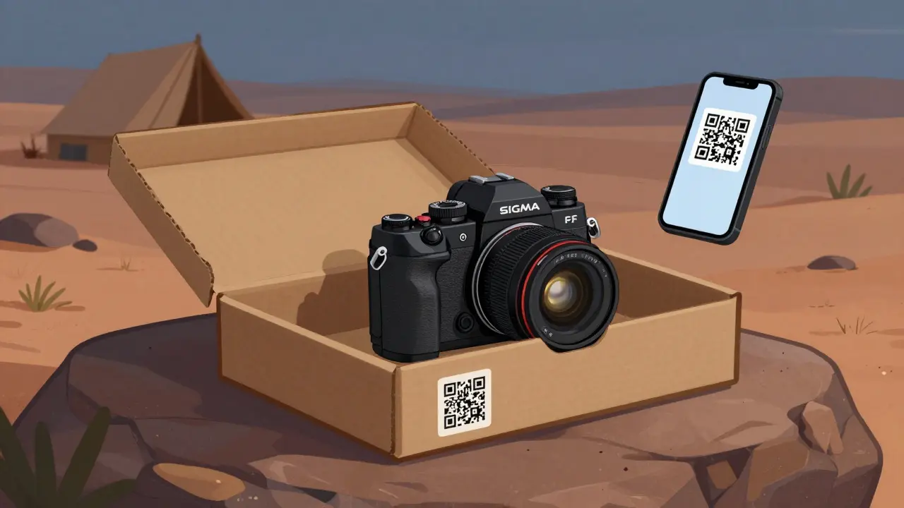 Фотограф распаковывает камеру в пустыне, коробка превращается в хранение, QR-код светится на фоне заката.