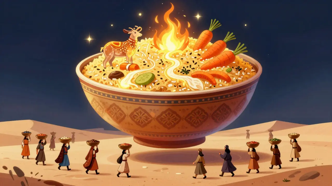 Гигантская чаша плова парит над пустыней, ингредиенты светятся, а люди ведут процессию по Шелковому пути.