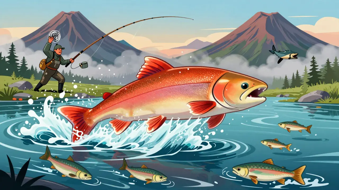 Гигантская кета прыгает из реки на Камчатке, рыбак в действии, на фоне вулканов.