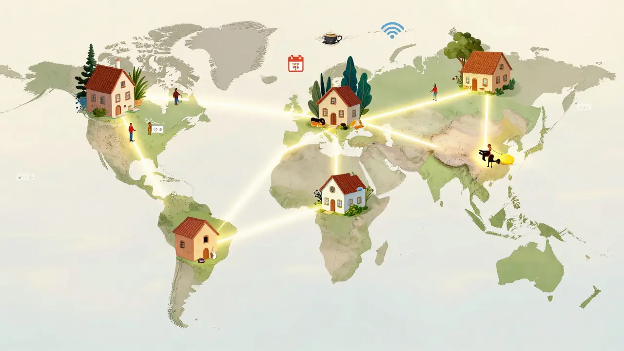 Глобальная карта с домами для хаус-ситтинга, путешественники получают ключи, животные и растения в каждом доме.