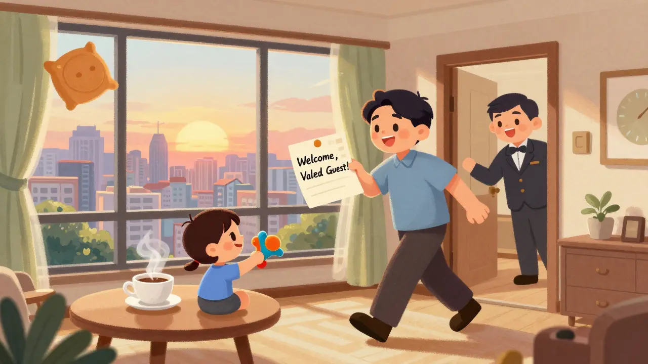 Гость в upgraded номере с видом на город, ребёнок играет, а отель оставил тёплую записку.