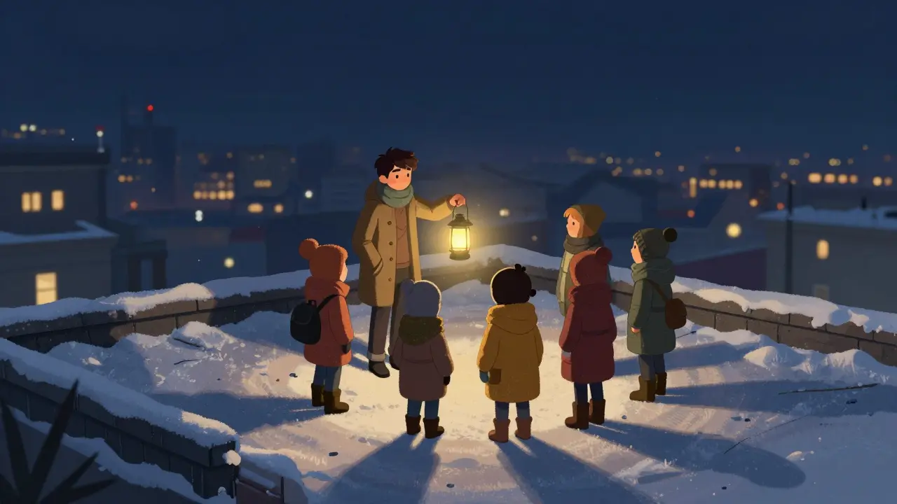 Группа людей на крыше дома с гидом ночью, вид на город.