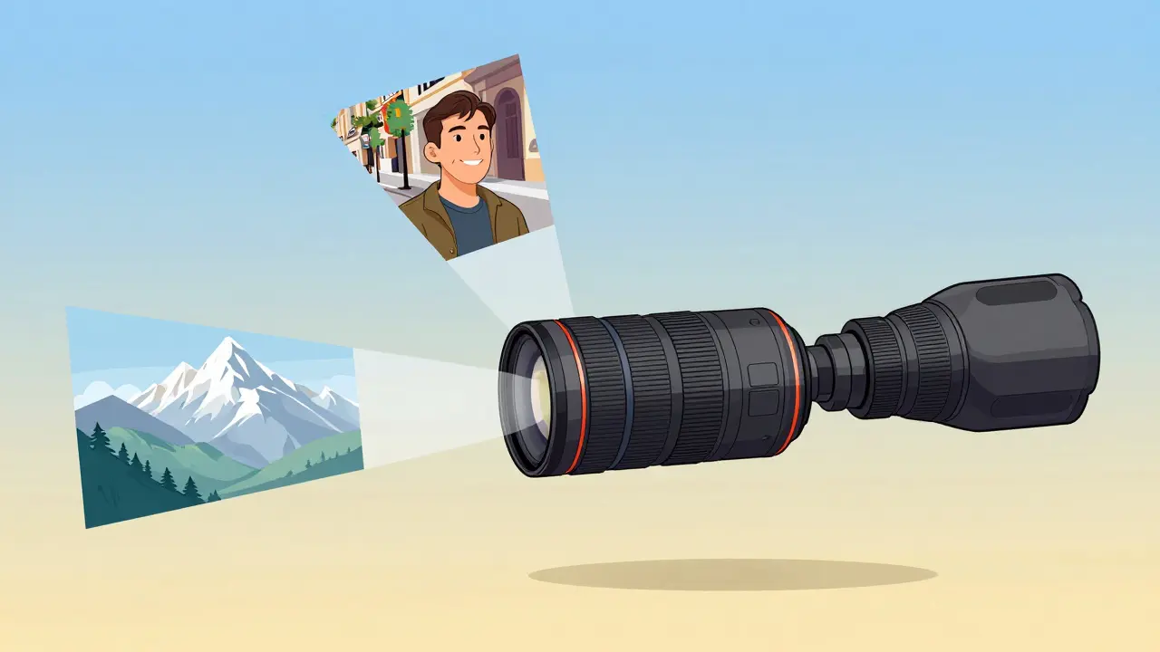 Иллюстрация универсального зума, снимающего пейзаж, портрет и детали издалека