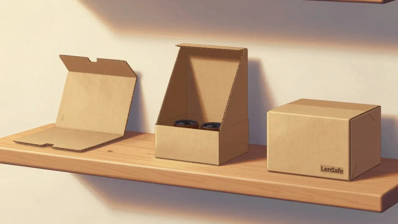 Коробка LenSafe в трёх состояниях: как упаковка, как стойка и как хранение на полке — без пластика и красок.