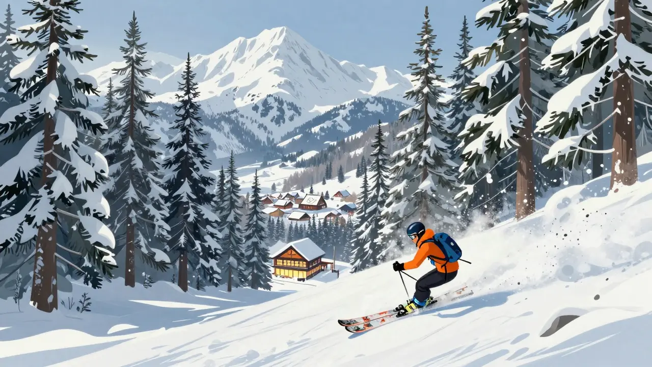 Лыжник совершает сложный поворот в лесу Хакубы, рядом — древние сосны и тёплый отель в долине.