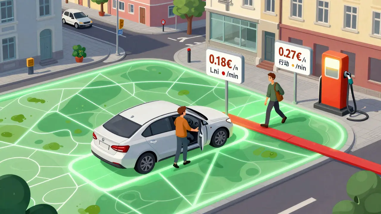 Машина каршеринга в зоне парковки в Берлине, с указанием цен на механику, автомат и дизельное топливо.