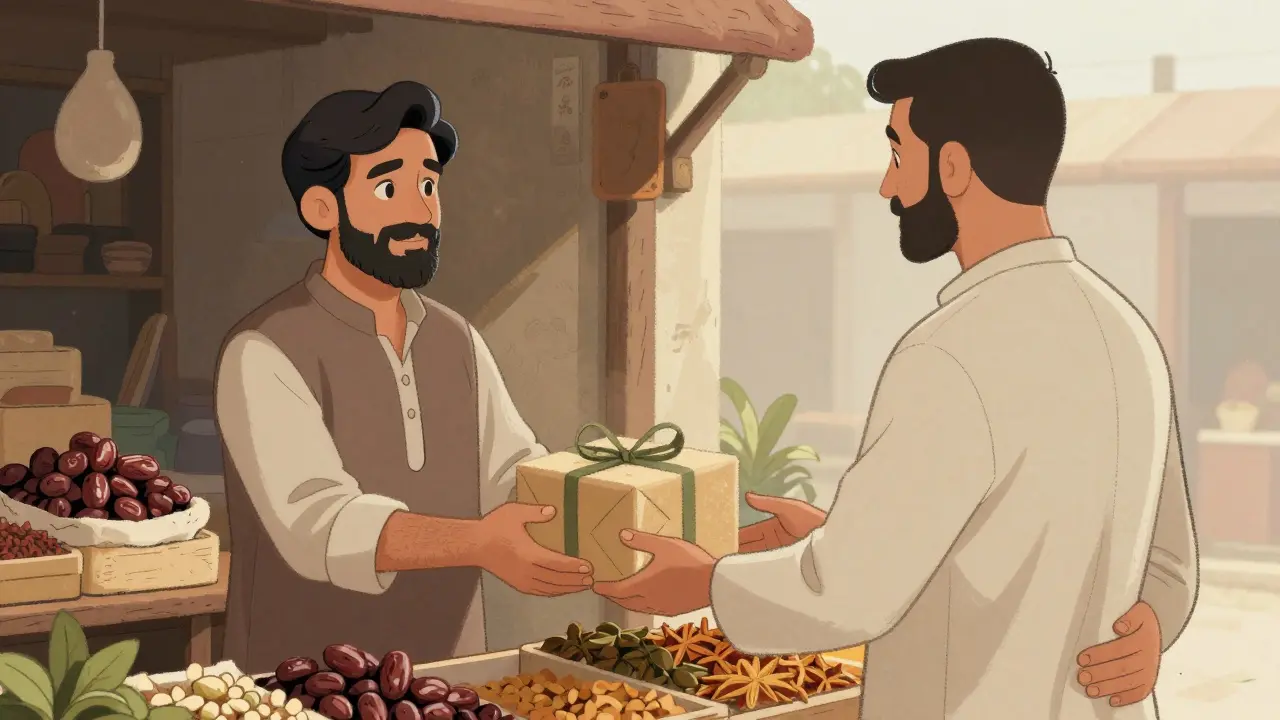 Мужчина предлагает подарок, местный житель вежливо отказывается, видна только правая рука.