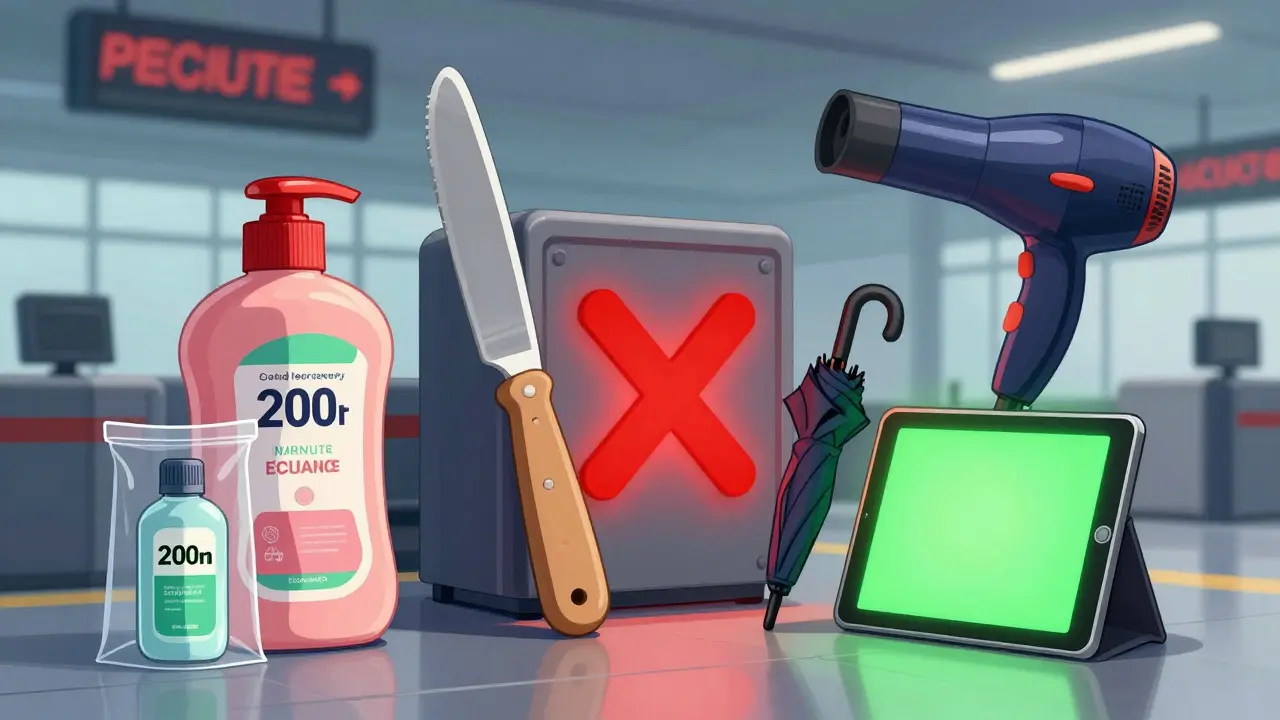 На досмотре отвергают запрещенные предметы, в то время как разрешенные светятся зеленым.