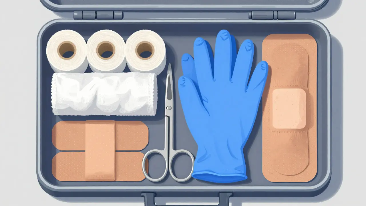 Открытая дорожная аптечка с бинтами, перчатками и ножницами сверху