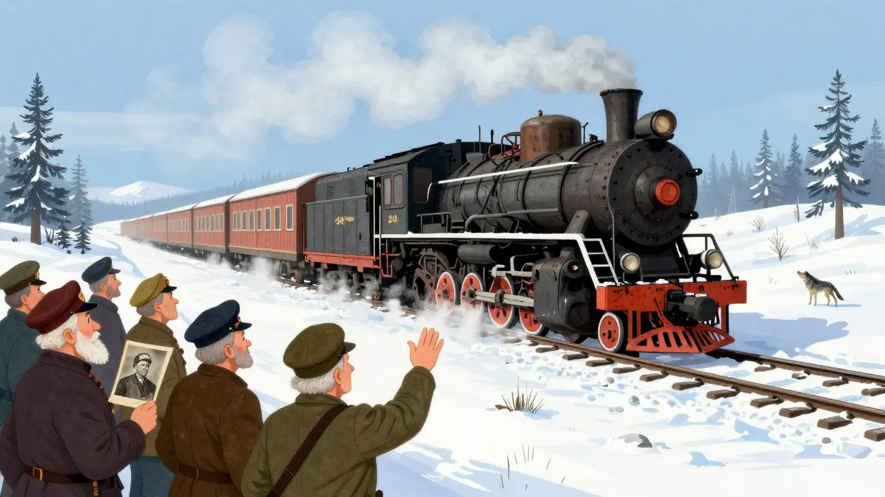 Паровоз L-246 на Транссибе в Тынде, пассажиры показывают старые фотографии машинистам на фоне снежной тайги.