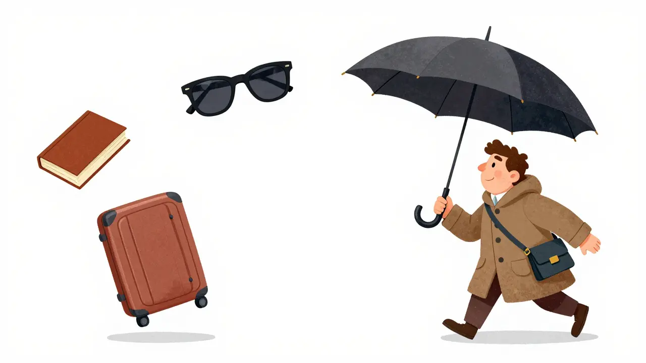 Пассажир держит куртку, зонтик и книгу — все разрешенные предметы вне ручной клади.