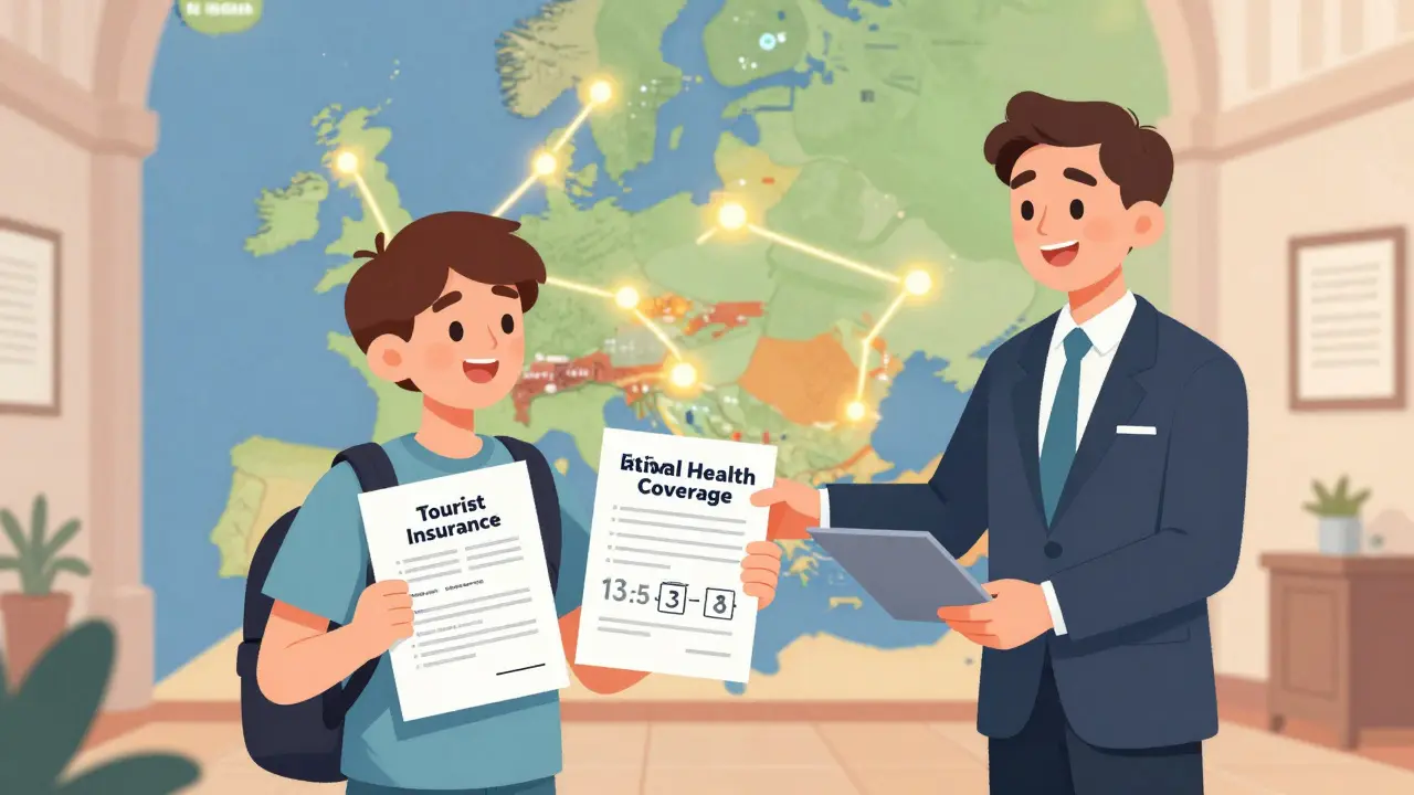 Российский студент получает полис на 180 дней, на фоне карты Европы с путями между странами Шенгена.