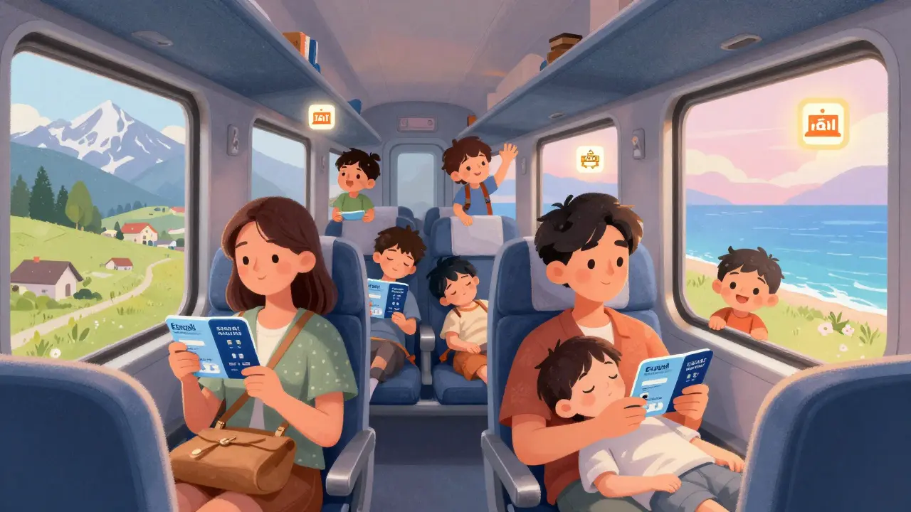 Семья с двумя детьми спит в ночном поезде, третий ребёнок машет из окна, вокруг — значки скидок на паромы и музеи.