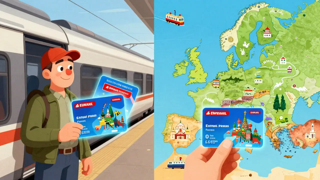 Сравнение: европейский житель с Interrail и путешественник из России с Eurail — оба с одинаковыми цифровыми проездными.