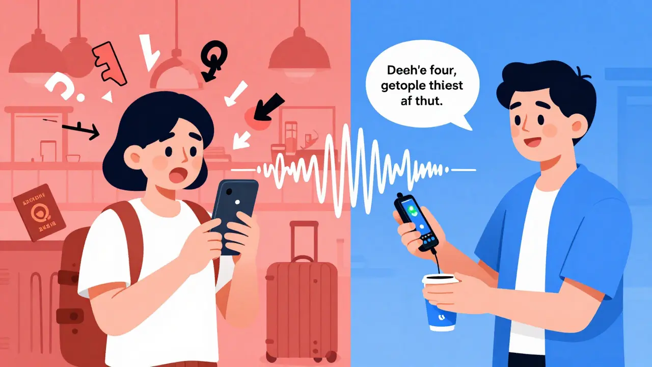 Сравнение: турист паникует с телефоном против спокойного использования аудиокурса в ресторане.
