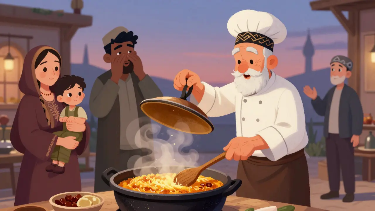Старый повар поднимает крышку казана, показывая хрустящую корочку плова, вокруг — семья в благоговении.