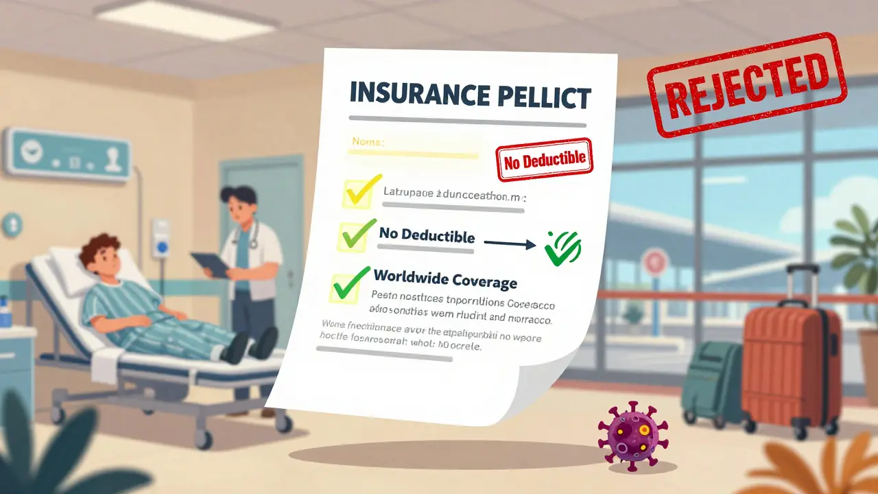 Страховой полис с проверенными требованиями: латиница, покрытие по всему миру и отсутствие франшизы, рядом — сцена лечения и отказа в визе.