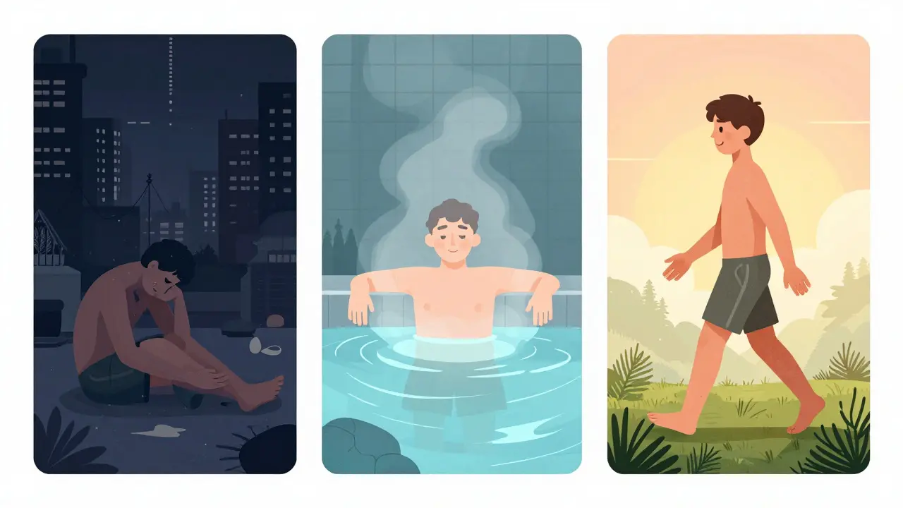 Три сцены показывают путь от стресса к восстановлению: город, парная и природа — символическое преображение.